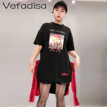 

Vefadisa Summer 2020 Newest T-shirt Skirt Girl Short Sleeve Splice T-shirt Skirt Letter Belt Irregular T-shirt Skirt LooseLHX027