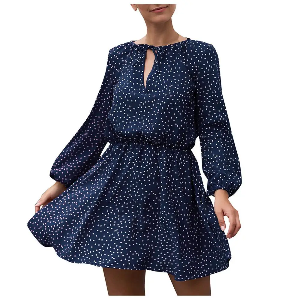 Синий Boho style женское платье с принтом в горошек, с открытой шеей, с пятнистым поясом, с длинным рукавом, средней длины, для женщин, Осеннее сексуальное элегантное платье с круглым вырезом - Цвет: Синий