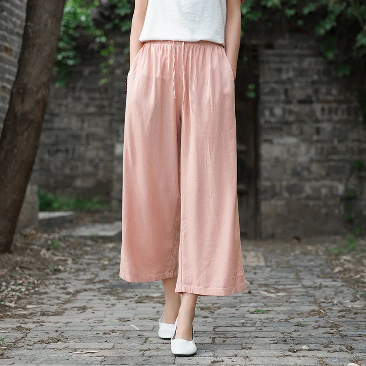 Johnature 2020 Autumn Women New Retro Elastic Waist Cotton Linen Lace Up Wide Leg Pants Loose Casual All-match Ankle-length Pant