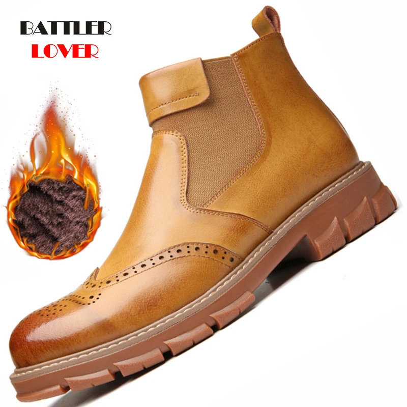 2019 Winter Chelsea Boots Men Genuine Leather Shoes Men Ankle Brogue Boots Fashion Brand Autumn Winter Fleece Boot Male Footwear