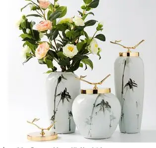 

INK PAINTING CERAMIC VASE WITH LID METAL LIVING ROOM ENTRANCE DESK DECORATION MODERN STORAGE JAR FLOWER ARRANGEMENT FLOWER VASES