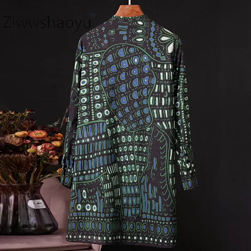  Ziwwshaoyu Runway Designer Vintage 100% Cotton Shirt Baroque Printing Long Sleeve Stand Collar Loos