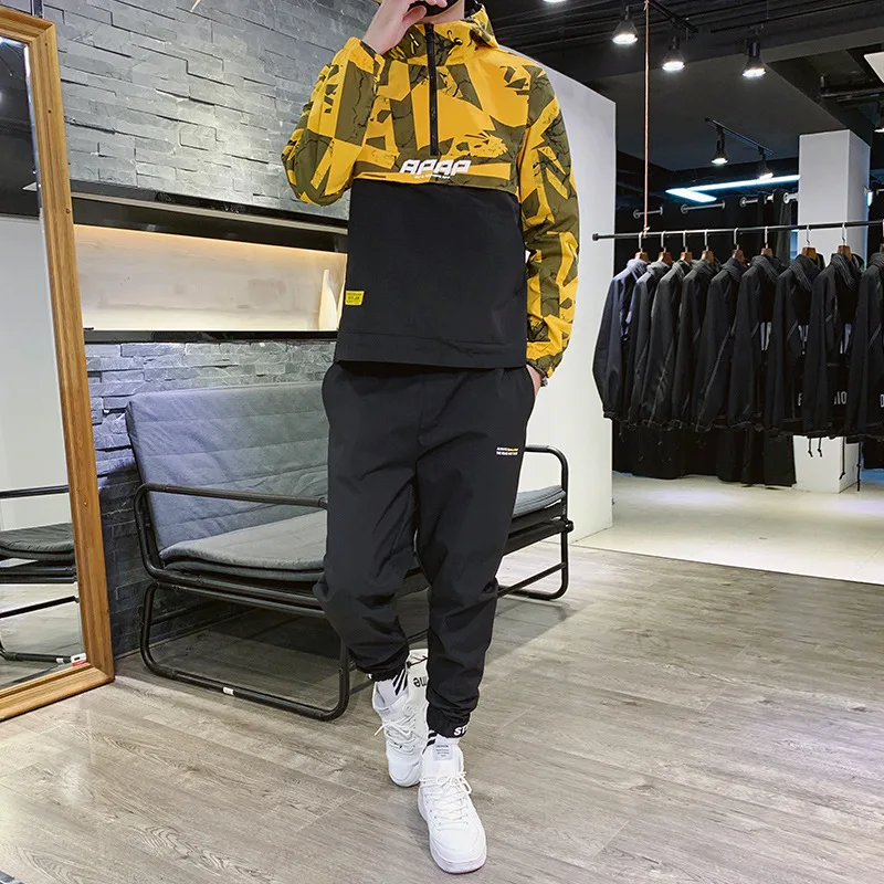 

New Style Spring And Autumn Camouflage Hooded Jacket Set Men's Fashion Korean-style Trend Handsome Students Sports Set