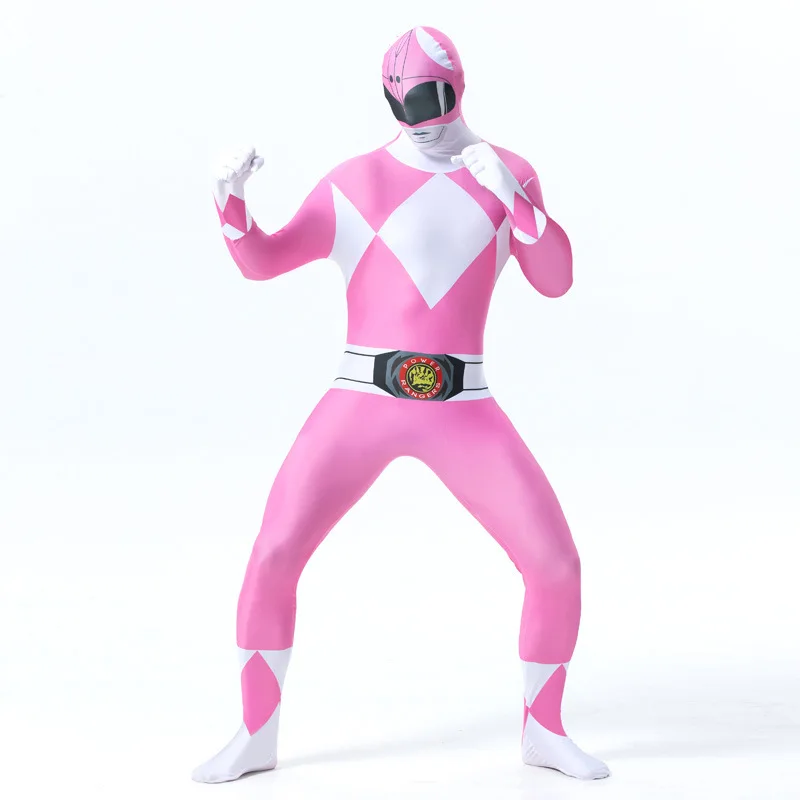 Для взрослых и детей Zentai Tight power Ranger динозавры команда косплей костюм мальчик представление на Хэллоуин шоу аниме ролевые игры комбинезон - Цвет: adult pink