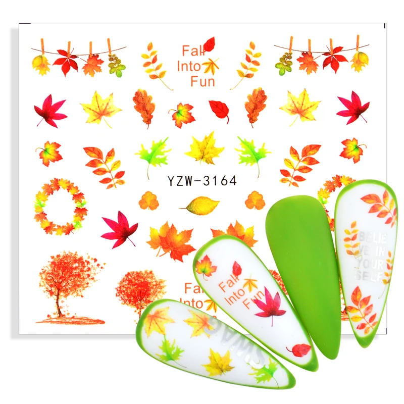 

1pcs Watermark Fall Leaves Nails Tattoo Decals Autumn Yellow Maple Leaf Nail Art Stickers DIY Manicure Slider Decorations Tips