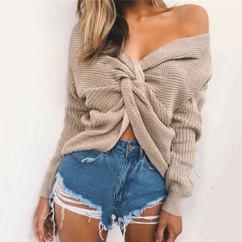 

Fashion Women Autumn Winter Top Long Sleeve V Neck knitted Sweater Elegant Ladies Pullover Crisscross truien dames Streetwear