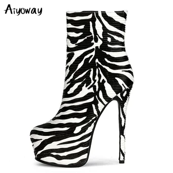 

Aiyoway Plus Size 35-45 Fashion Sexy Zebra Pattern Platform High Heels Ankle Boot Female Ladies Round Toe Zipper Shoes