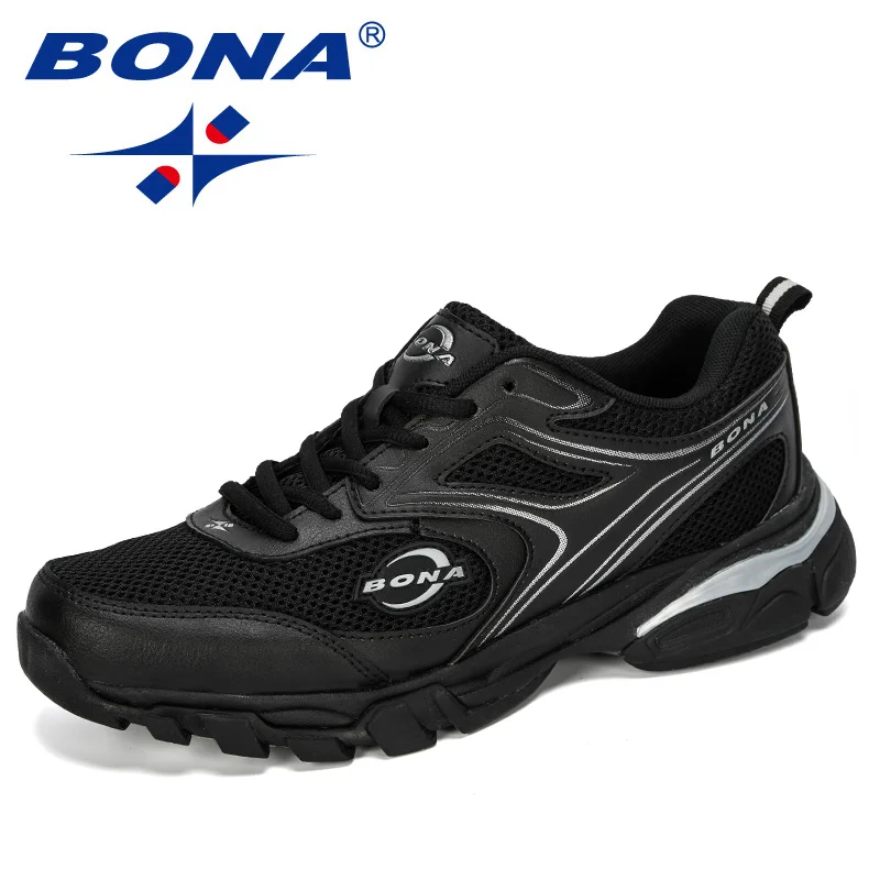 Black silver gray BONA/ Новые Дизайнерские повседневные туфли воздухопроницаемые кроссовки для мужчин, мужские кроссовки на плоской подошве, Уличная обувь для отдыха, Мужская модная обувь на шнуровке - Цвет: Black silver gray