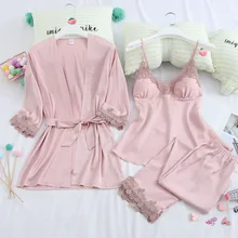 Missyou/ летний комплект из 3 предметов, женская шелковая пижама, Высококачественная пикантная кружевная Пижама с накладкой на грудь, Пижама