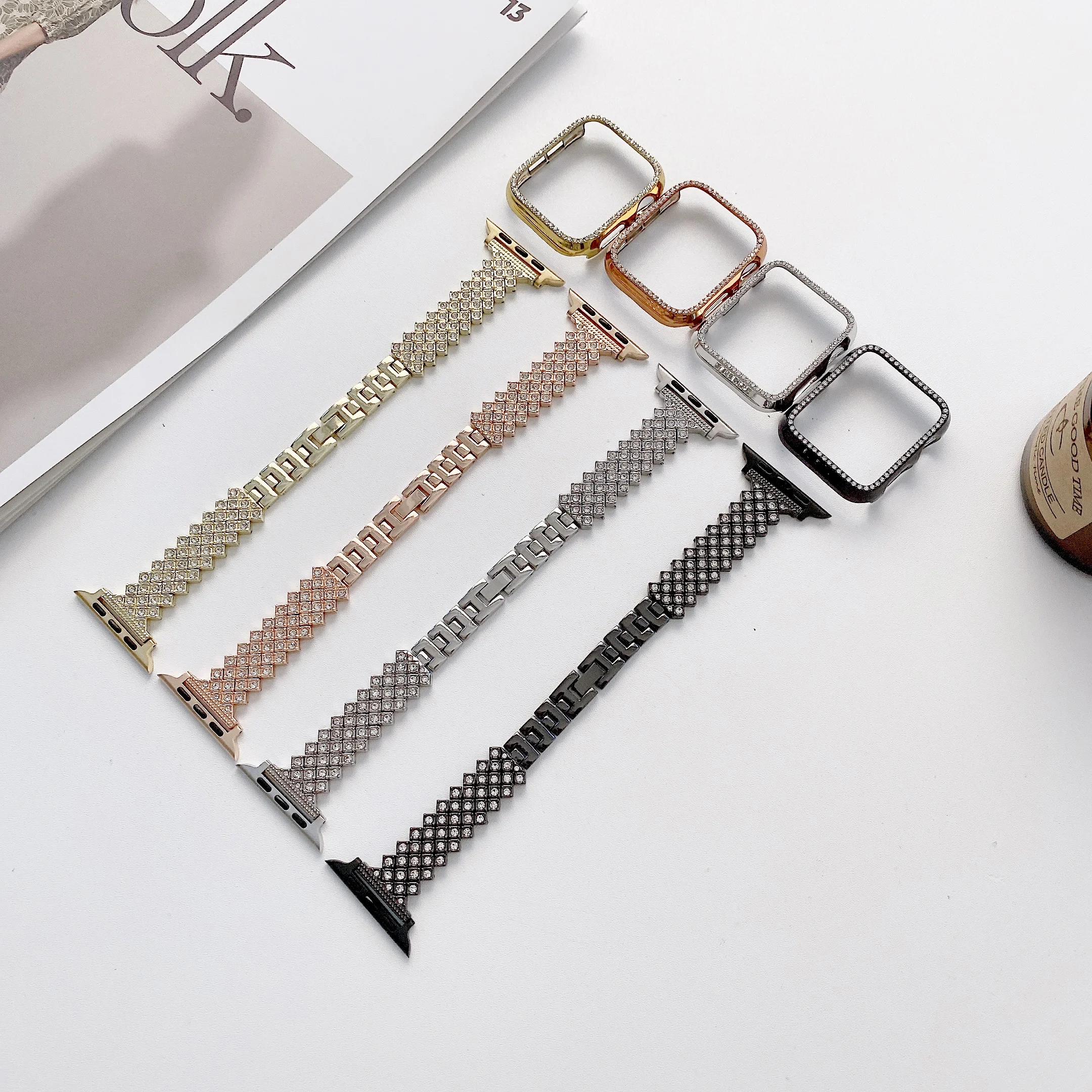 

Band+Case Stainless Steel Strap For Apple Watch Band Series 7 6 SE 5 4 3 Diamond Bracelet For iWatch band 41 45 44 42 40 38 MM