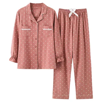 

New Fashion Sleepwear Women's Cotton Cute Pajamas Girls Long Sleeve Tops+Pants With Pockets Polka Dot Casual Lounge Wear