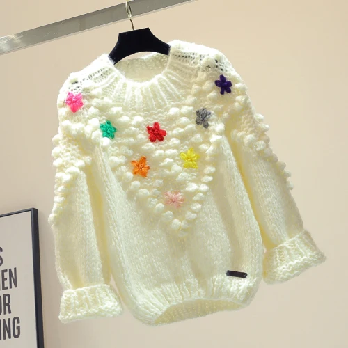 Lazy-Стиль свитер Для женщин свитера осень-зима Верхняя одежда свитер свободного кроя с ретро шар вышивка свитера с цветами Джерси Mujer - Цвет: Белый