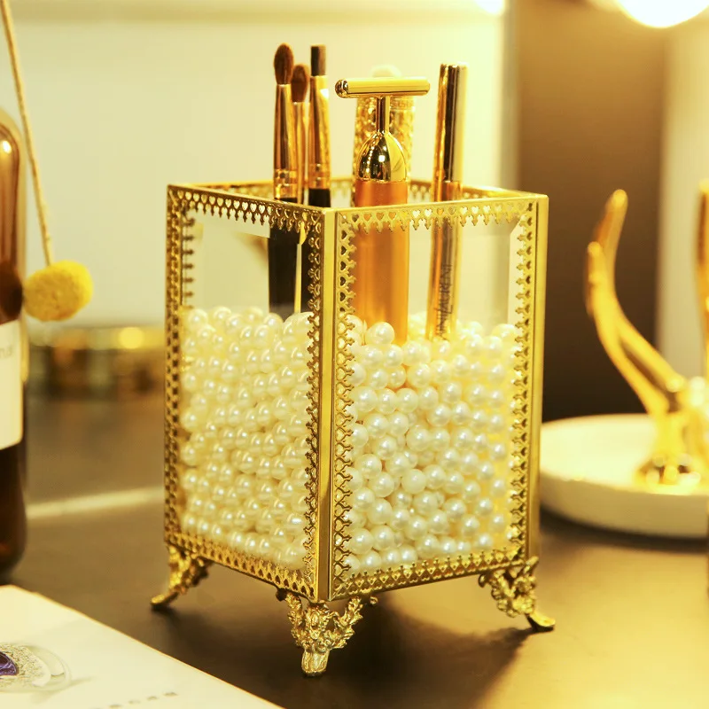 

Vintage Glass Makeup Brush Holder Gold Silver Square Prismatic Copper Edging Glass Makeup Pearls Brush Storage Organizer Box