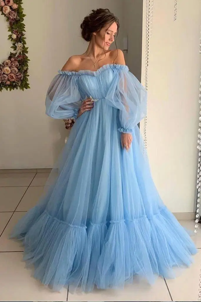 

Off the Shoulder Sky Blue Long Prom Dresses 2020 With Long Sleeves Ruched Tulle Girls Formal Evening party gowns Elegant Custom