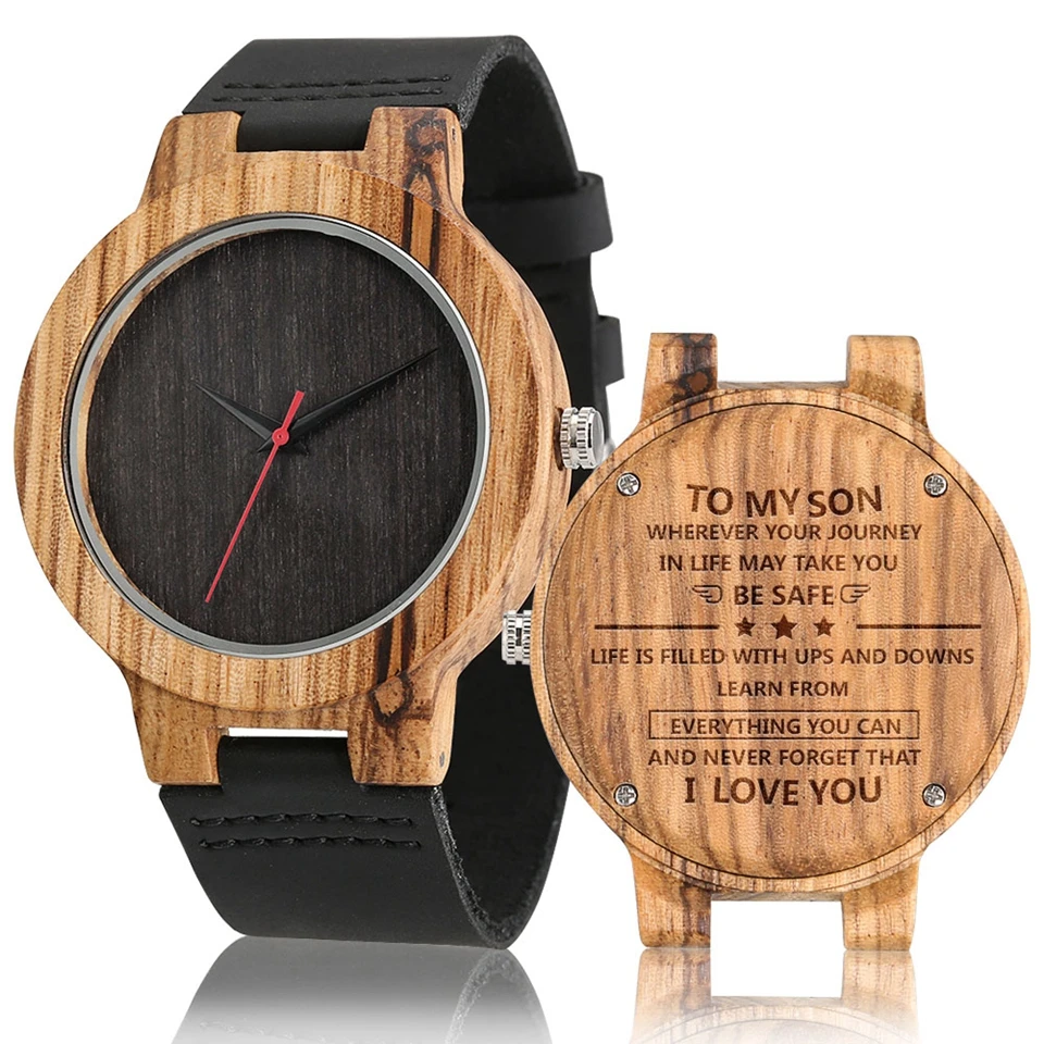 To My Son Men Engraved Wood Watch Quartz Leather Wristwatch Personalized Text Carving Male Casual Wooden Timepiece Family Gifts