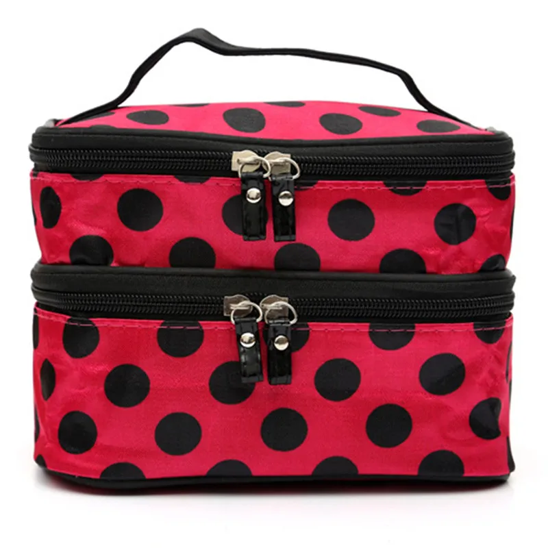 Travel Polka Dot Double Layers Big Woman Cosmetic Bag Toiletry Organizer Storage Makeup Bag Case