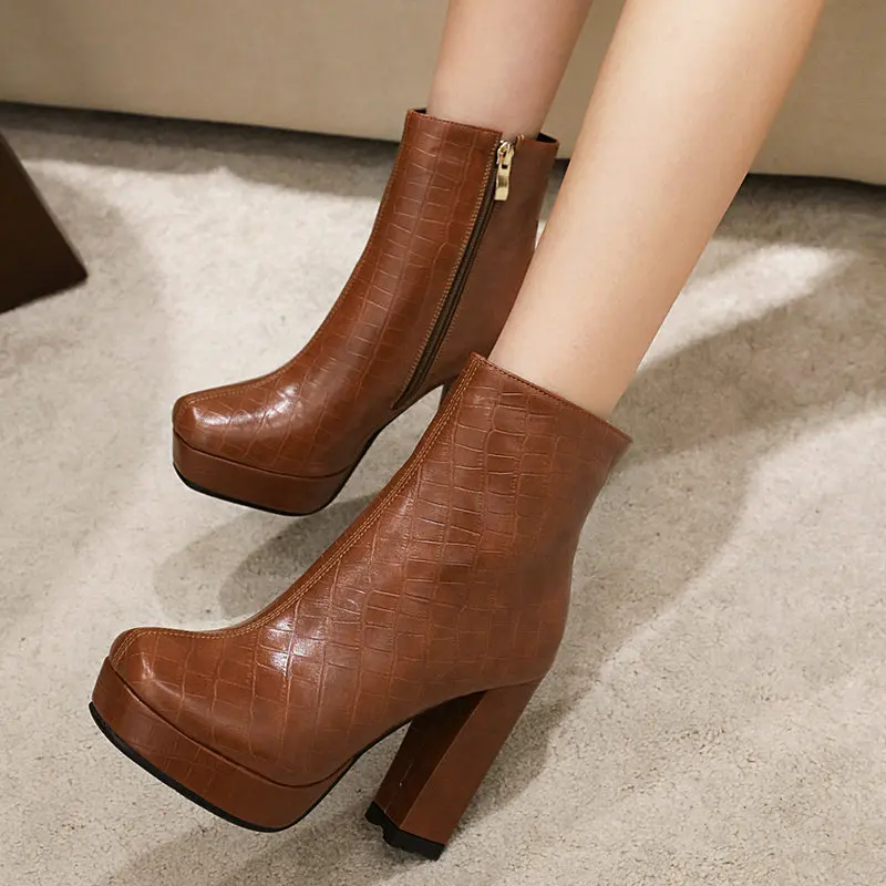 

Brand Design Women Elegant Square Heel Ankle Boots Waterproof Platform Super High Heels Fashion Square Toe Zip Winter Shoes