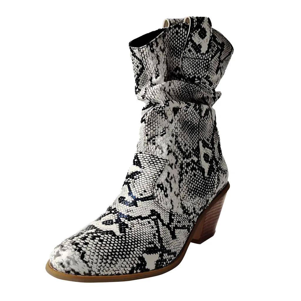 New Spring Winter Fashion Snake Grain Round Toe Slip-On Boots Square Heels Vintage Women Boots mid-calf boots shoes#O22