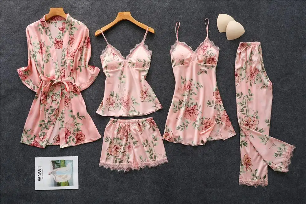 5 PCS pink Женский вечерний комплект с платьем из искусственного шелка с цветочным рисунком, 5 шт., атласный сексуальный кружевной халат, ночная Пижама, домашняя одежда, женские пижамы - Цвет: 5 PCS pink
