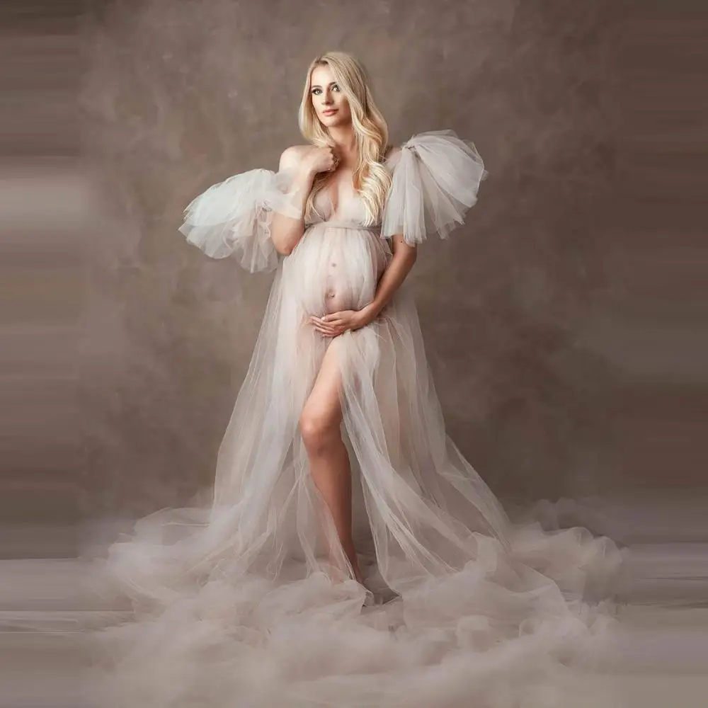 

Elegant Soft Tulle Maternity Dresses Sleeveless Puffy Long Sexy See Through Custom Made Tulle Maternity Robes For Photography