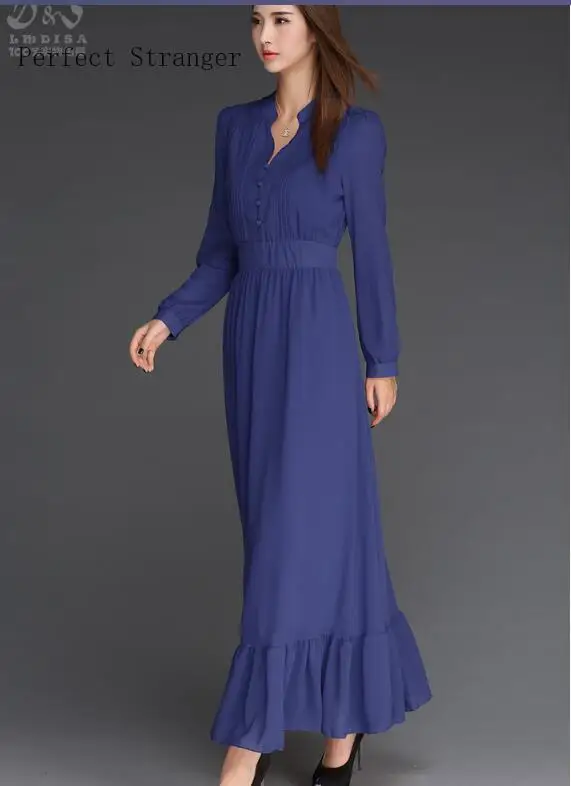 Новое поступление, горячая распродажа, элегантное женское шифоновое длинное платье с v-образным вырезом и длинным рукавом