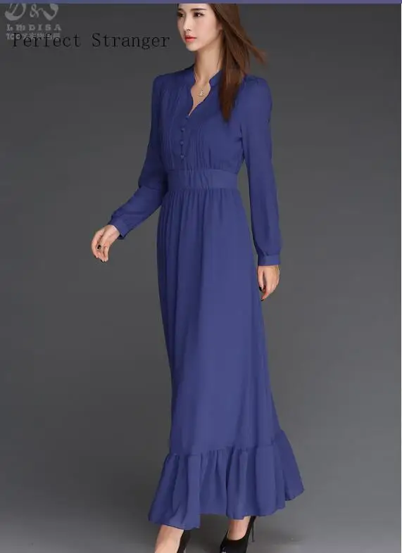 Женское шифоновое длинное платье с длинным рукавом и V образным вырезом|chiffon long