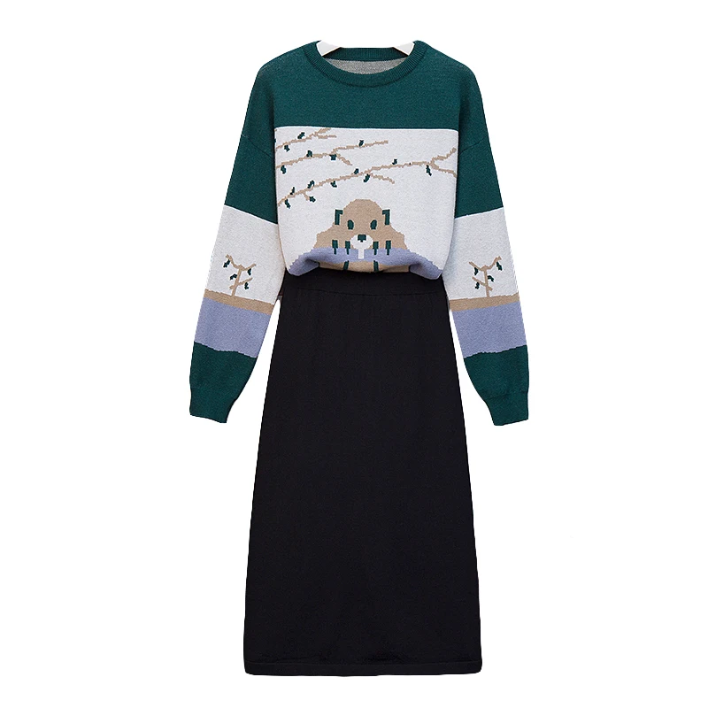 

Fall New Large Size Ladies Koala Jacquard Sweater Suits Skirts Two-Piece Outfit Women Knitted Pullover Top Knitwear Sweaters