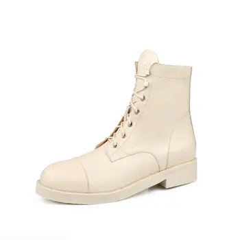 

Women Ankle Boots Genuine Leather low Heels Shoes Woman Autumn Winter Round Toe Cross-tied Motocycle Boots size 41 42 43