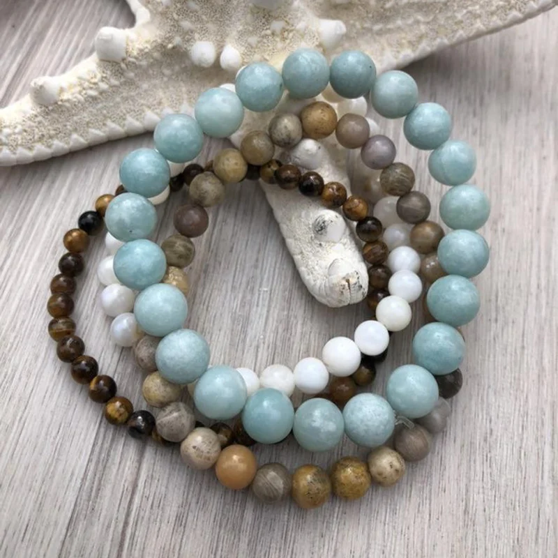 Многослойный браслет набор для мужчин Amazonite Tiger Eye Mala браслеты набор из 4 бисера Mala запястье Йога ювелирные изделия подарок для мужчин