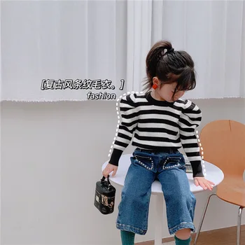 

Girls O-neck Sweater 2020 Autumn New Princess Sleeve Striped Knit Low Waist Jersey Baby Girl's Knitted Sweater Kids Fashion Top