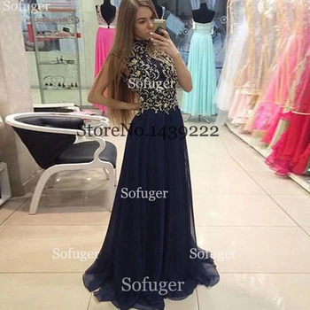 

Navy Blue Pleat Scoop Evening Dresses Appliques Beads Chiffon Saudi Arabic Special Occasion Evening Formal Party Gown Dresses