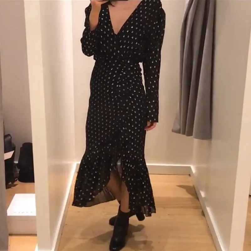 

Women Black Dot Long Dress 2020 New Spring Summer Long Sleeve V Neck Ruffle Bronz Cloth For Elegant Party Evening Midi Dresses