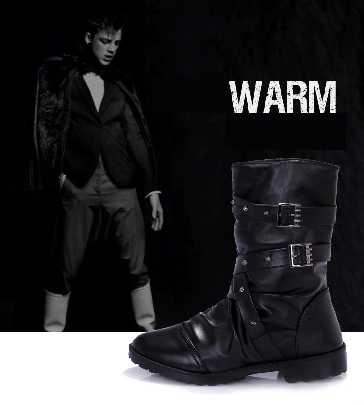 New England Style Boots Black White Punk Motorcycle Martin Boots For Men PU Leather Zipper Buckle Strap Warm Snow Boots yu