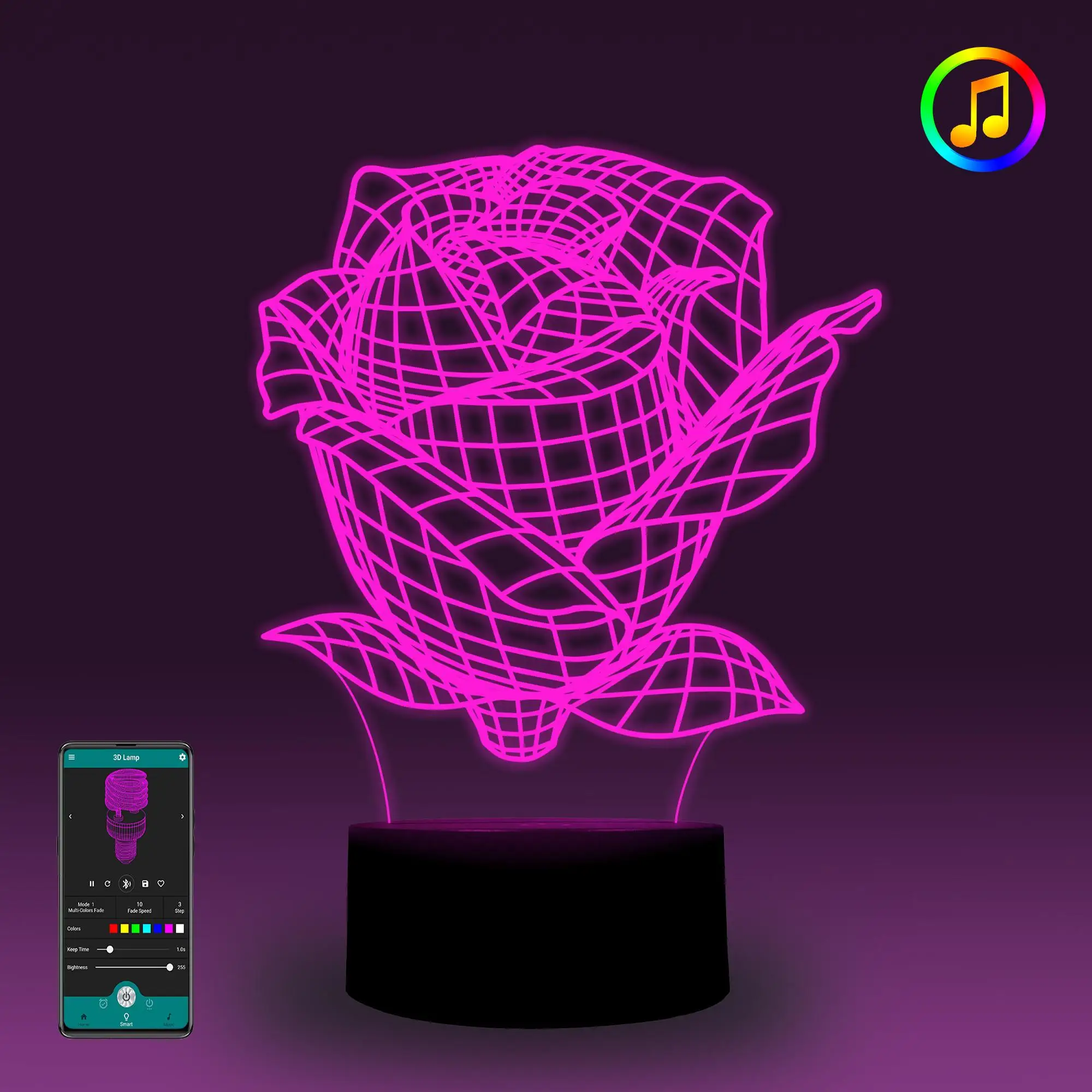 Flower 3D Illusion Lamp Music Sync Night Light Bedroom Decoration Bedside lamp Valentine's Day Gift | Лампы и освещение