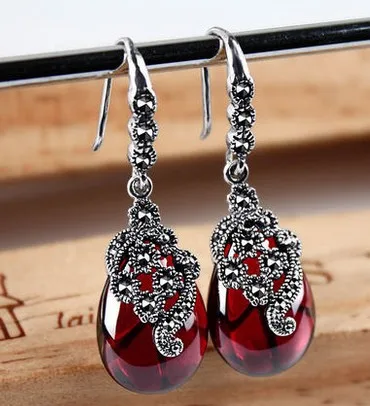 MOONROCY Silver Color Vintage Opal Waterdrop Vintage Dangle Earrings Red Green Crystal for Women Girls Jewelry Dropshipping Gift - Окраска металла: Red