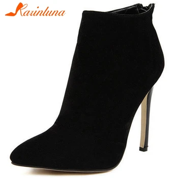 

Karinluna 2020 Hot Sale Flock Thin High Heels Shoes Woman Boots Female Pointed Toe Zip Up Ankle Boots Women Shoes Woman