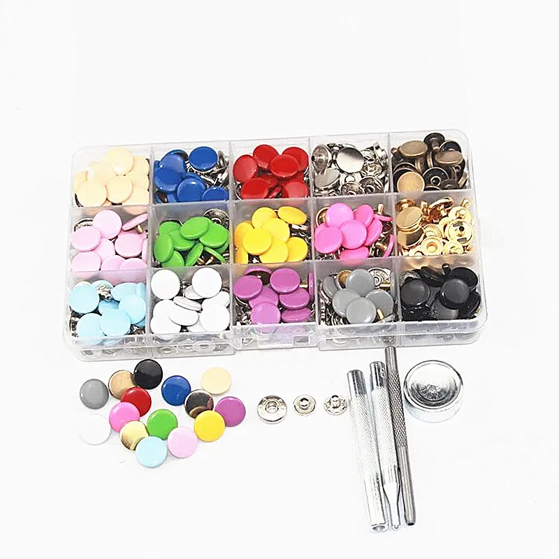 

15colors 12.5mm Metal Press Stud Snap Buttons Fasteners with 4pcs Fixing Button Tools for Clothing Leather Craft Bags DIY Sewing