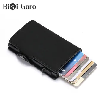 

BISI GORO Anti Rfid Credit Card Holder Case Men Slide Leather ID Card Holder Aluminium Metal Wallet Creditcard Bag Popwallet