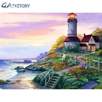

GATYZTORY Painting By Numbers Adults Lighthouse Coloring By Numbers On Canvas Landscape Acrylic Photo Frames Home Decorations
