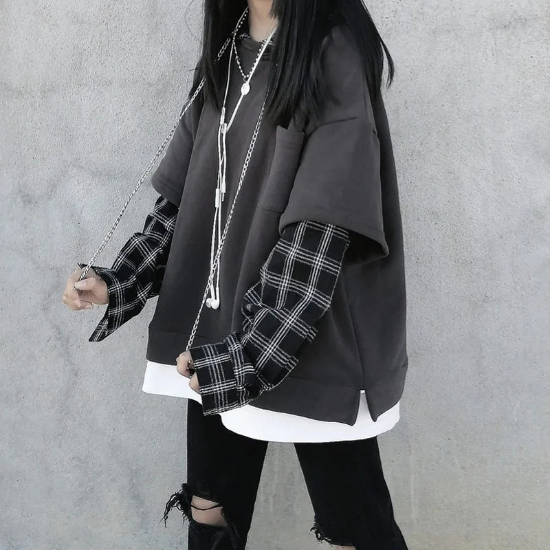 2021 Korean Fashion Hoodie Striped Sweatshirt For Women Black Gothic Style Hoodies Pantsuits Sweatshirts Grunge Plaid Pullovers | Женская