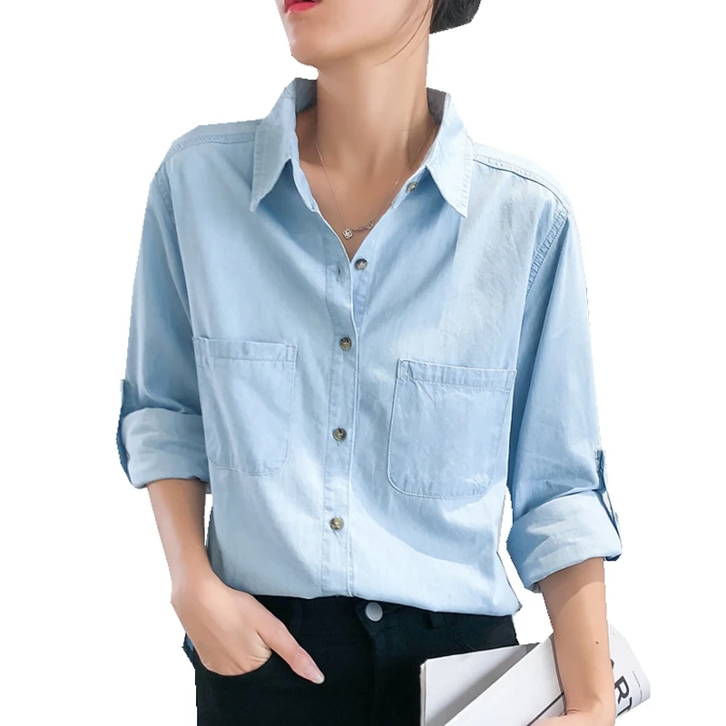 

Spring Autumn women Solid color Basic Style Turn-down Collar Long sleeves pocket blouse loose Thin Denim shirt casual tops