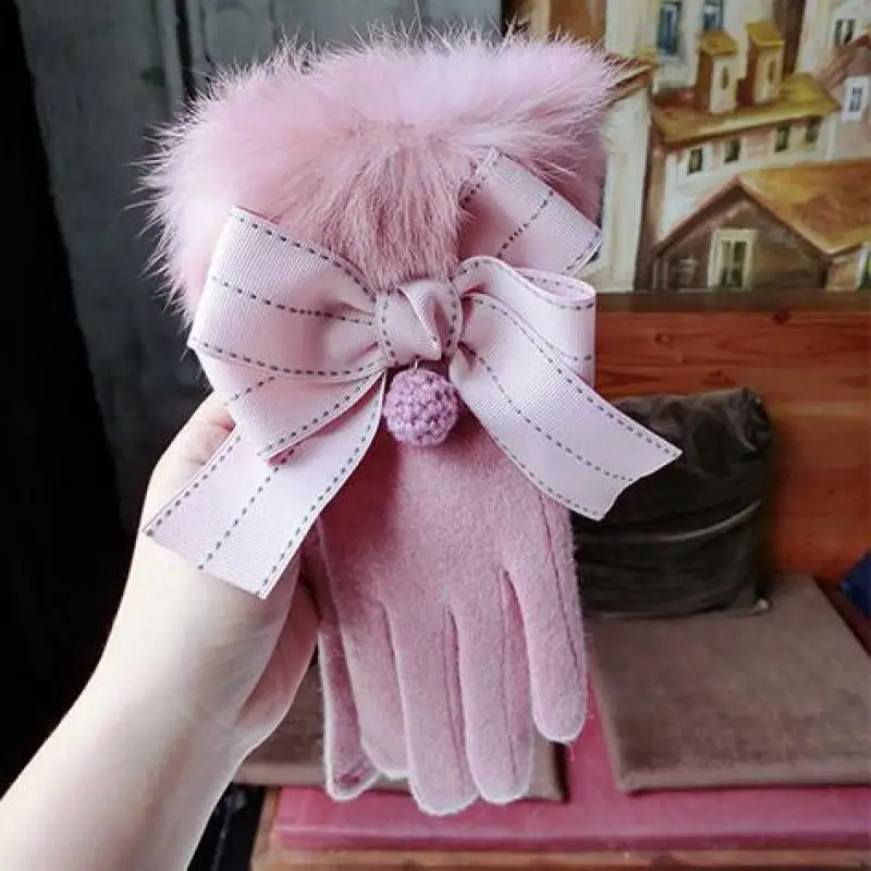Зимние женские перчатки, перчатки для сенсорного экрана, женские японские корейские модные наручные перчатки с бантиком, кашемировые перчатки на палец AGL103