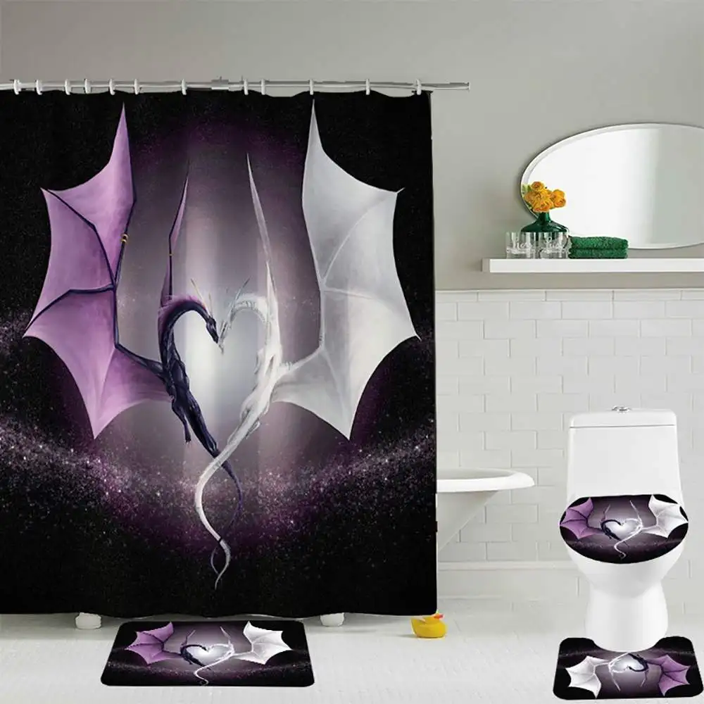 4Pcs Cartoon Dragon Shower Curtains Sets For Livingroom Bathroom Waterproof Non-slip Bath Mat Set Rug Bathroom Accessories Sets