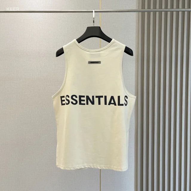 Essentials Men's Sleeveless T-shirt 100% Cotton Reflective Back Printed Letters Hip Hop Men Sleeveless Shirt Beige
