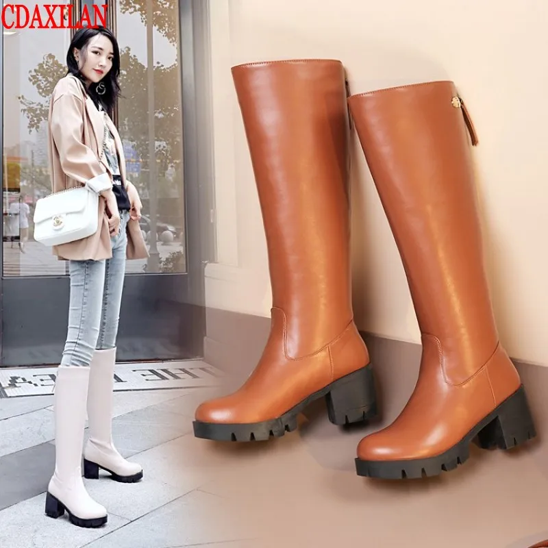 

CDAXILAN new women's boots soft PU leather square heels round toe back zipper Knee-High boots Riding-Equsetrain boots winte