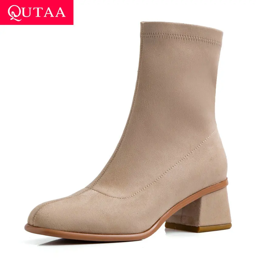 

QUTAA 2020 Flock All Match Ankle Boots Square Heel Autumn Winter Slip on Short Boots Square Toe Comfort Women Shoes Size 34-40