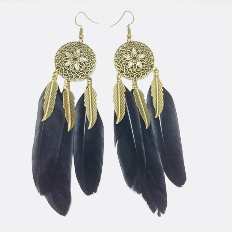 

Popular Retro Black Sunflower Earrings Fashionable Feather Tassel Pendant Earrings for Women's Jewelry
