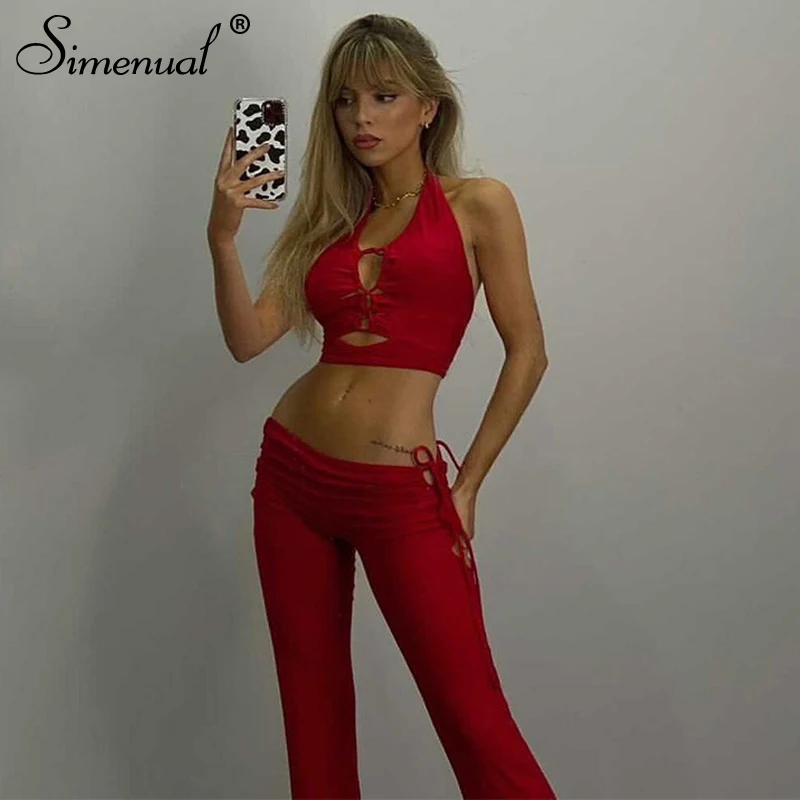

Simenual Bandage Sexy Halter Top And Pants Matching Sets Women Hollow Out Backless Bodycon Skinny Two Piece Outftis Fashion 2020