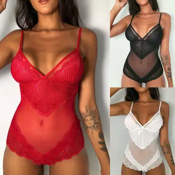 

Fashion Women One Piece Lace Bodysuit Mesh Babydoll Teddy Lingerie Underwear US