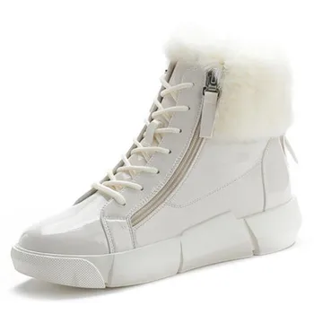 

New Cross Strap Side Zip Patent Leather Boots Winter Warm Shoes Women Boots Women Sneakers Fashion Casual Shoes Flat Boots